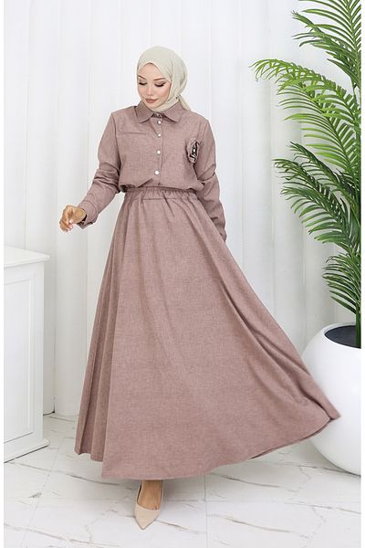 sefamerve Rose Detailed Shirt Skirt Double Set 2088-02 Milk coffee