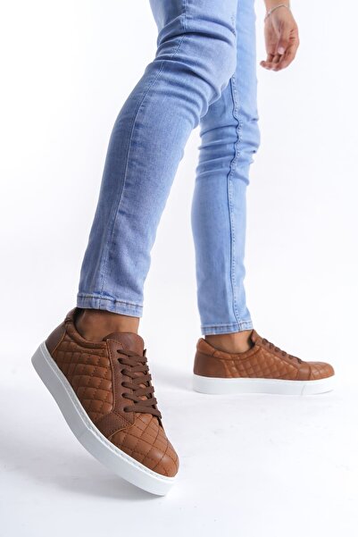 EBRUS TREND Et166 Prestige Lace-Up Leather Quilted Patterned Men's Casual Sneaker Shoes Bt - Tan