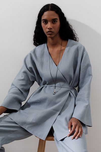 Manuka LINEN KRUVAZĂ ÎNCHIDERE KIMONO ALBASTRU