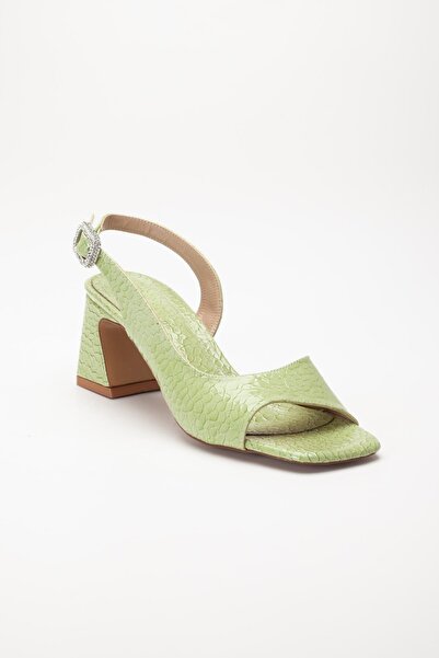 Dilimler Ayakkabı Women's Heeled Sandals Shoes Green Patent Leather Crocodile Printed Tan Stone Buckle