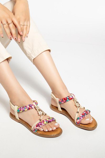 Dilimler Ayakkabı Women's Flat Heeled Sandals Beige Mesh Strap Flower Buckle
