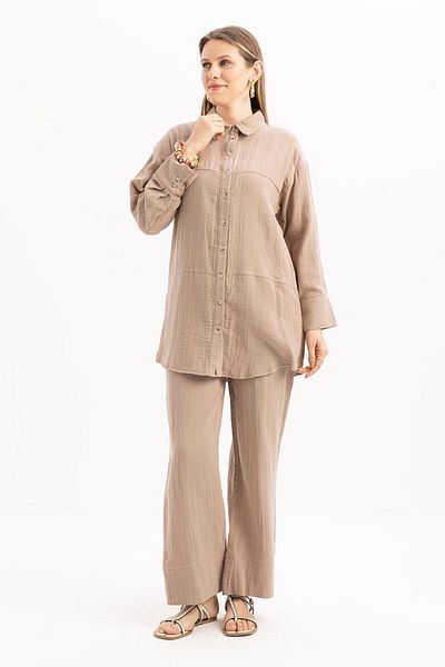 ALLDAY Mink-Stitch Detailed Muslin Trousers Set
