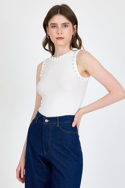 Rays Ecru Collar and Shoulder Stone Detailed Ribbed Knitted Athlete 1249