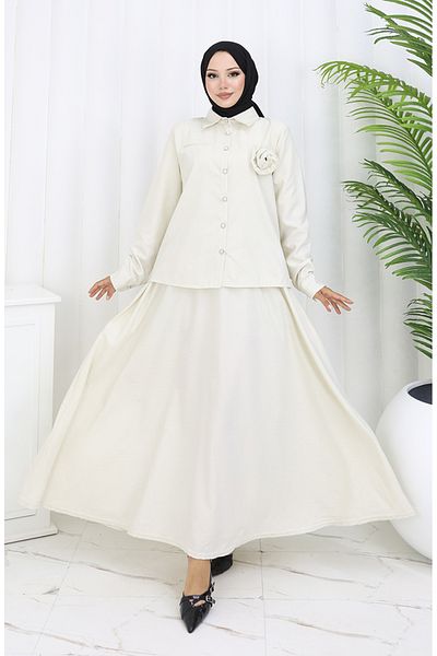 sefamerve Rose Detailed Shirt Skirt Σετ δύο τεμαχίων 2088-04 Μπεζ
