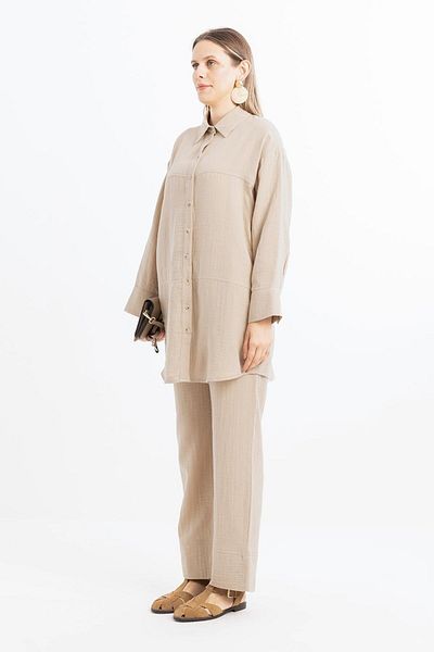 ALLDAY Beige-Stitching Detailed Muslin Trousers Set