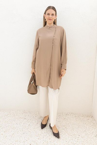 ALLDAY Mink-Half Patched Slit Linen Tunic