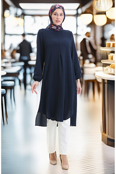 sefamerve Çerçeve Detaylı Uzun Tunik 4105-07 Lacivert