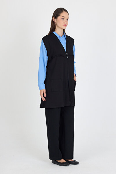 larocci Women's Standard V Neck Line Detailed Sleeveless Pocket Short Vest