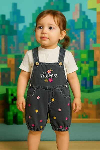 alfapazar Zolo Kids Yazlık Çiçekli Nakışlı Kot Slopet Kız Bebek Kıyafet