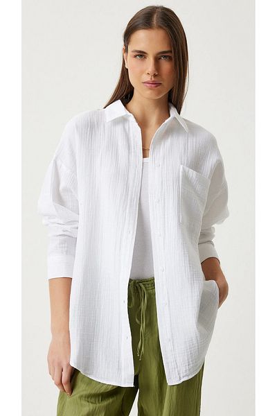 THIFF GYMWEAR Cămașă de muselină de bază oversize pentru femei, cu buzunare