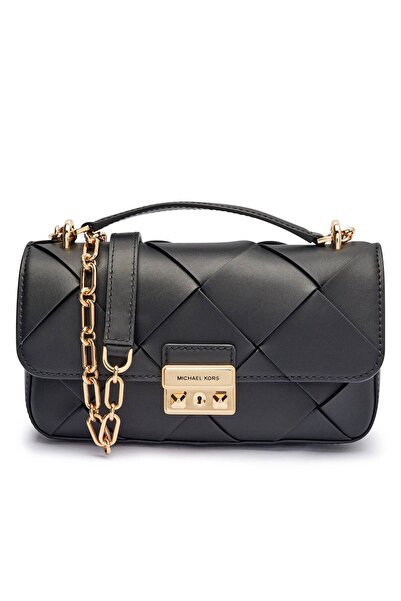 Michael Kors Women's 100% Leather Quilted Patterned Black Shoulder Bag with Gold Metallic Closure Chain Shoulder Strap 30S5G2R