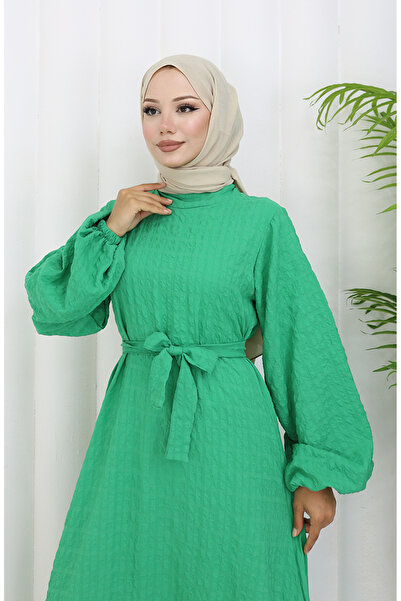 sefamerve Seersucker Fabric Belted Dress 2086-03 Green