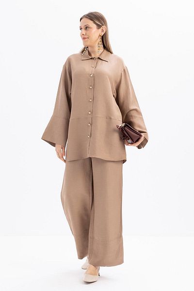 ALLDAY Mink-Wide Folded Slit Linen Trousers Suit