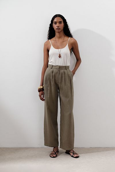 Manuka Linen Pleated Wide Pants Khaki