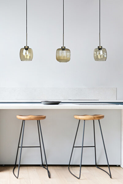 Bamyum Üçlü Lunex Cam Bal Rengi Avize İnce Eskitme Başlık Sarkıt Yemek Masası Üstü Iç Mekan Cafe Otel