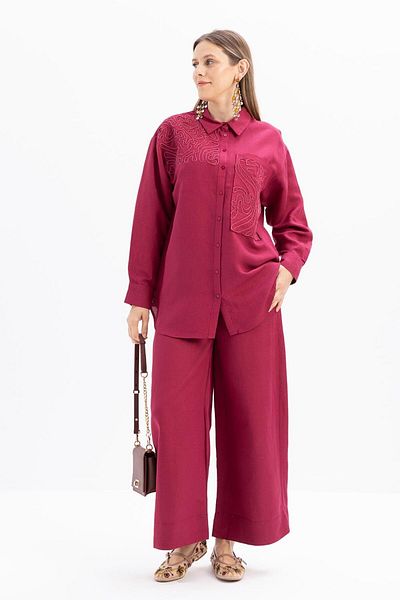 ALLDAY Cherry-Embroidery Detailed Linen Trousers Suit