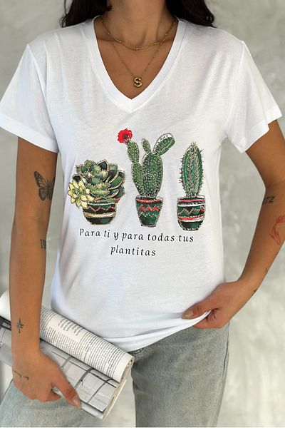 FEMELLE Tricou alb pentru femei, 100% bumbac, cu decolteu în V, paiete de cactus și broderie brodate