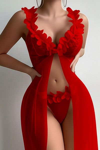 Nana & Mayka Moda Women's Red Tulle Nightgown Set – Laser Cut Flower Collar, Thong, Transparent, 2 Pieces