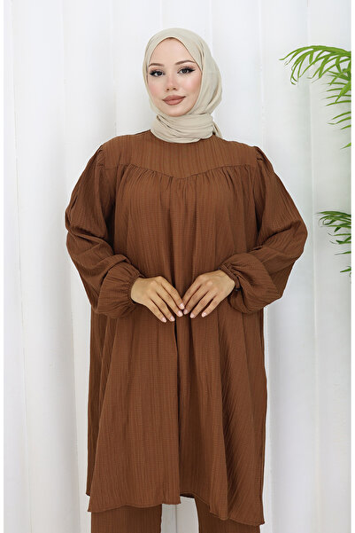 sefamerve Gathered Tunic Trousers Double Set 2089-04 Tan