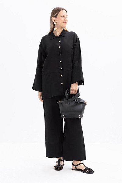ALLDAY Black-Wide Folded Slit Linen Trousers Suit