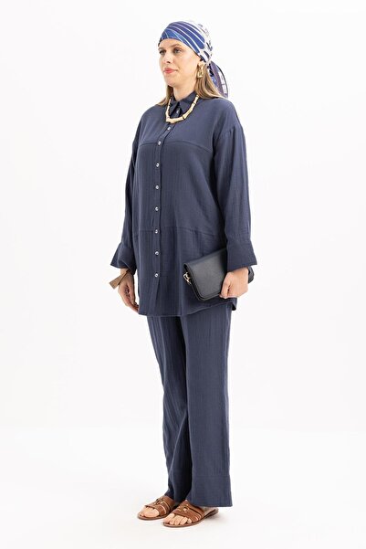 ALLDAY Indigo-Stitch Detailed Muslin Trousers Suit