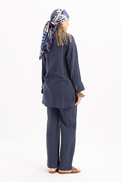 ALLDAY Indigo-Stitch Detailed Muslin Trousers Suit
