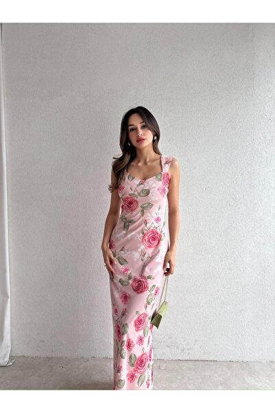 popibutik Kadın Astarlı Çiçek Desenli Uzun Tül Elbise