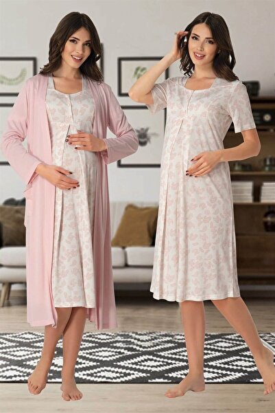 Lohussa Дамски розов шарен памучен халат за бременни със специален дизайн, ко...