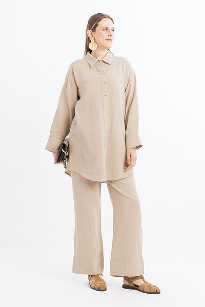 ALLDAY Beige-Stitching Detailed Muslin Trousers Set