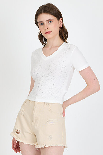 Rays Tricou slim cu decolteu în V cu detalii de prelucrare a pietrei ecru 0949