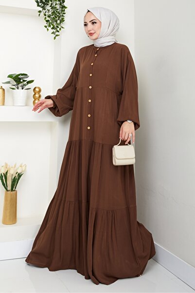 Bestenur Φόρεμα Kiyar με μισό κουμπί από υφαντό βισκόζη 1510 - Bitter Brown