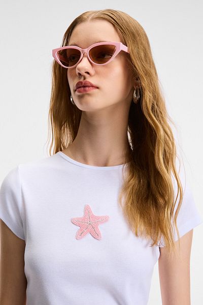 GRIMELANGE Zefira women's bicycle collar short sleeve front bead embroidery detailed slim white / patterned t-shirt