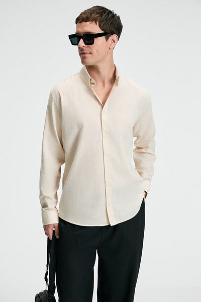 GRIMELANGE Yordi Men's Shirt Collar Cuff Flared Oxford Fabric Regular Fit Cream Shirt