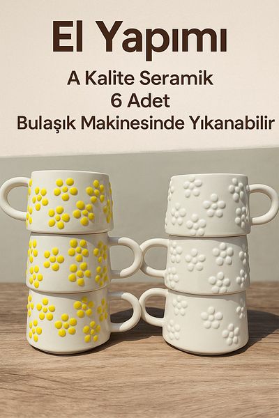 BB TRADE Handmade 6-Piece Daisy Patterned Ceramic Mug