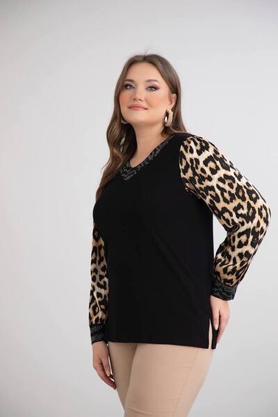 FOR ESRA BIG TREND Γυναικεία μπλούζα με μακρύ μανίκι με λαιμόκοψη V με σατέν λεοπάρ μοτίβο με πέτο με λεπτομέρεια από πέτρα μακρυμάνικη εύκαμπτη μπλούζα βισκόζης
