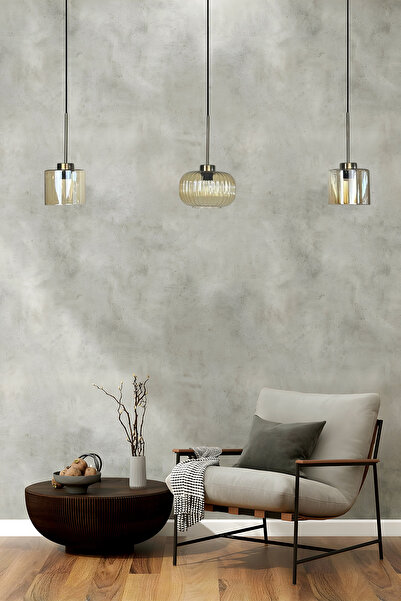 Bamyum Üçlü Lunex Cam Bal Rengi Avize İnce Eskitme Başlık Sarkıt Yemek Masası Üstü Iç Mekan Cafe Otel