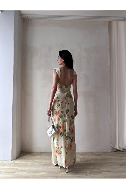 popibutik Kadın Astarlı Çiçek Desenli Uzun Tül Elbise