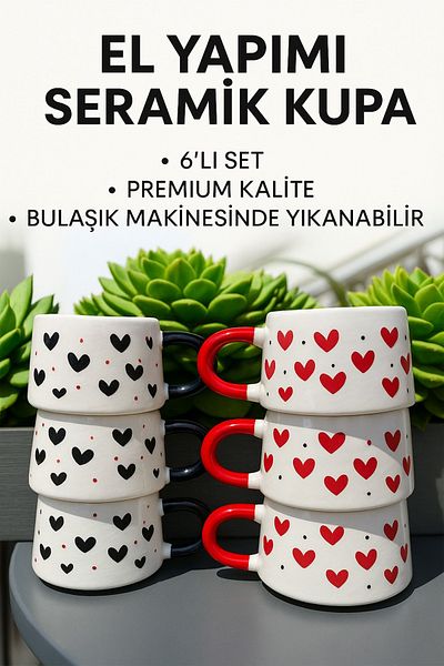 BB TRADE Handmade 6-Piece Red and Black Heart Pattern Ceramic Mug