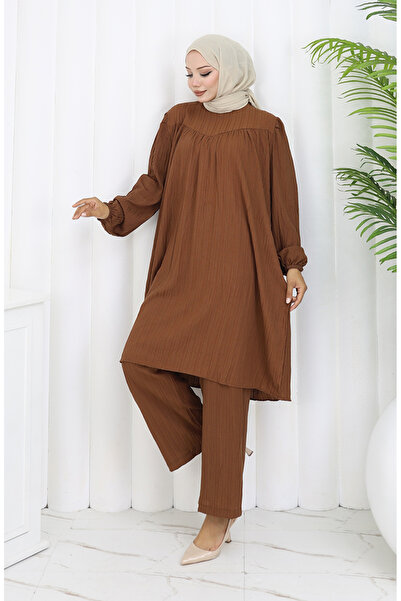 sefamerve Gathered Tunic Trousers Double Set 2089-04 Tan