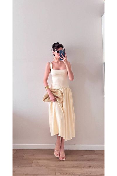 LOCH BUTİK Women's Ecru Strap Gathered Waist Midi Dress