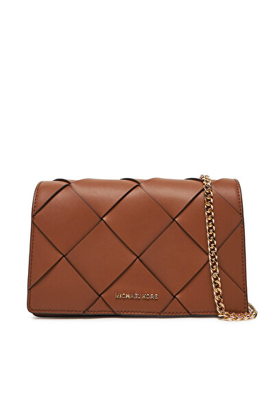 Michael Kors Women's 100% Leather Cross Chain Strap Patterned Brown Shoulder Bag 32S5Gj6C8L-Luggage