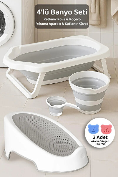Meleni Baby 4'lü Katlanır Banyo Seti - Bebek Küveti, Fileli Yıkama Aparatı, Su Kovası, Maşrapa Sünger Hediye Gri