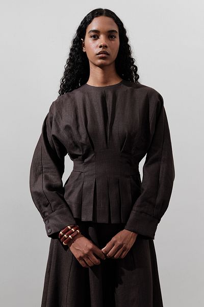 Manuka Linen Double Breasted Tie-Down Bluz Aci Brown