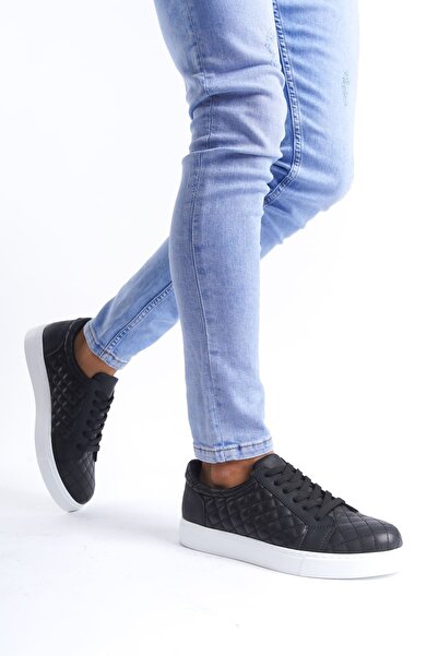 EBRUS TREND Et166 Prestige Lace-Up Leather Quilted Patterned Men's Casual Sneaker Shoes Bt - Black