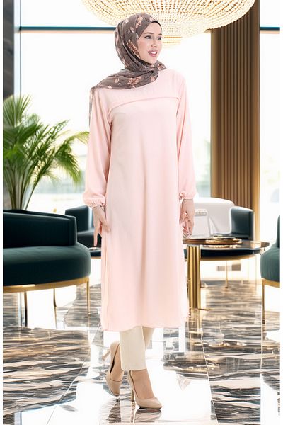 sefamerve Side Slit Long Tunic 4104-08 Powder