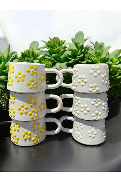 BB TRADE Handmade 6-Piece Daisy Patterned Ceramic Mug