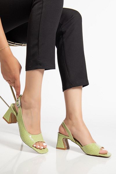 Dilimler Ayakkabı Women's Heeled Sandals Shoes Green Patent Leather Crocodile Printed Tan Stone Buckle