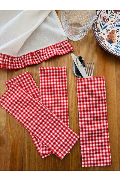 White Alamode Frilly Red Gingham Runner 40X140 cm and Plaid Fabric Cutlery Set – Stylish and Natural Tables