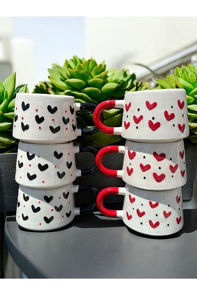 BB TRADE Handmade 6-Piece Red and Black Heart Pattern Ceramic Mug