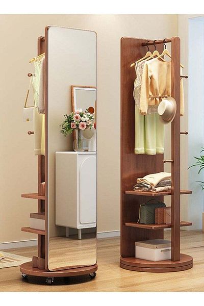 Taimi 360 Degree Rotating Floor Mirror and 2-in-1 Coat Rack for Bedroom and Living Room 166x56cm Brown